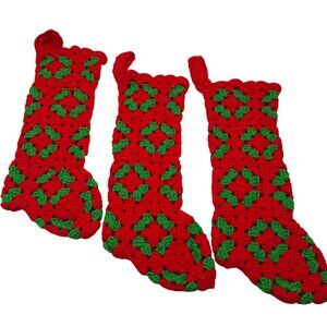Hand crochet Christmas stocking lot of three red green handmade